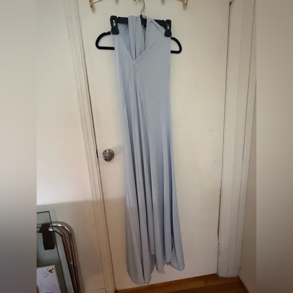 Meshki Light Blue Stretchy Lowback Halter Floor Length Dress